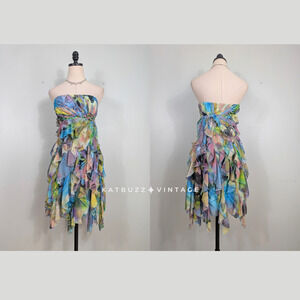 Cache Prom Dress Mini Gown 2 Multi Blue Strapless Y2K Vintage Ruffle Hoco Floral